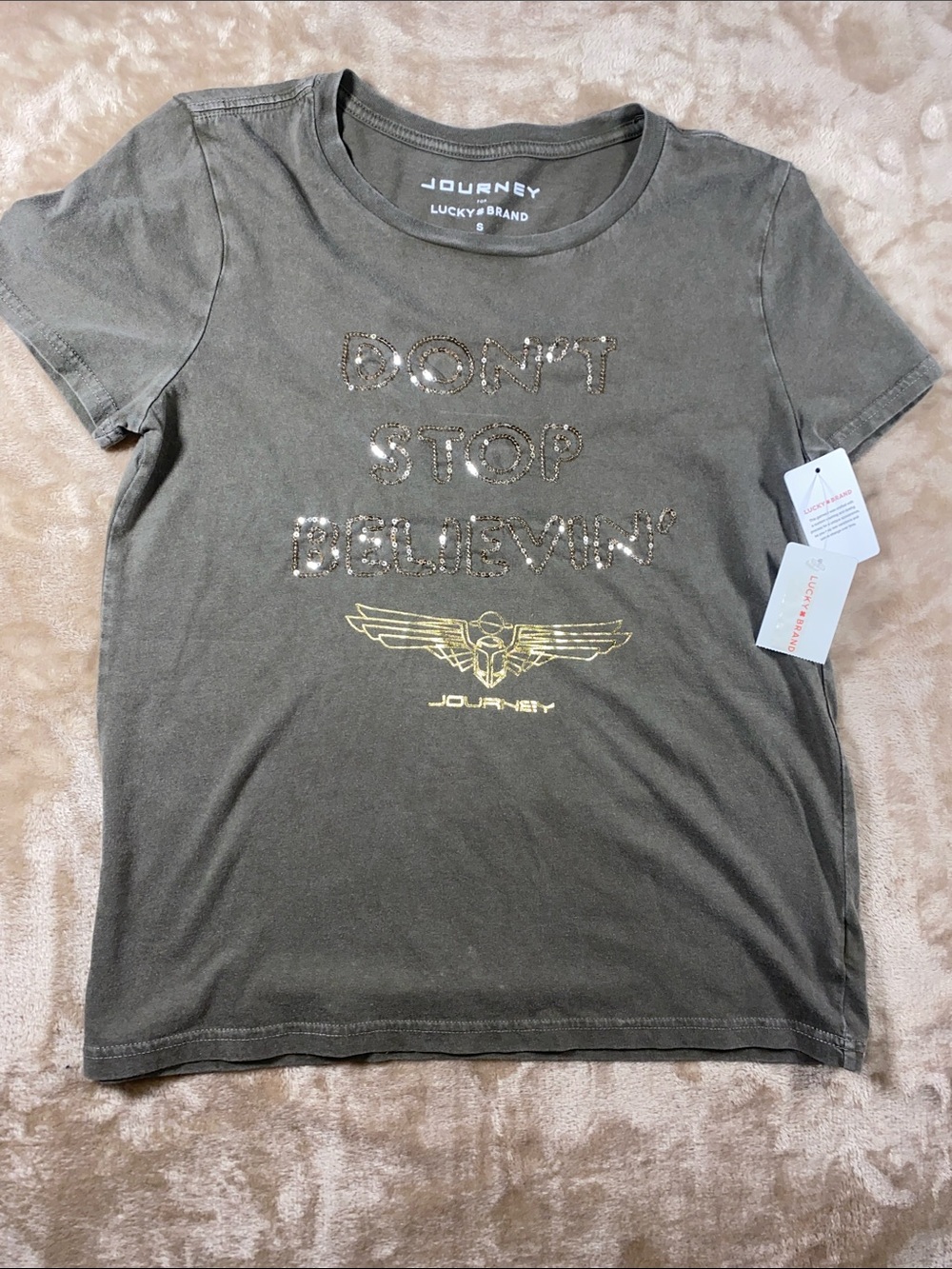 Lucky Brand Journey Olive Green Short Sleeve Tee with Gold Foil & Sequins